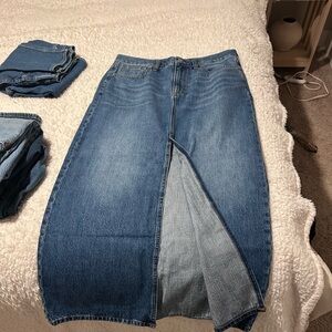 Denim Midi Skirt with Front Slit